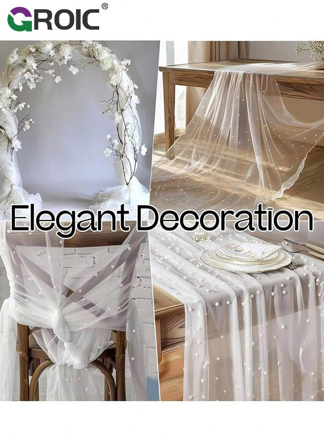 GROIC مفرش طاولة لؤلؤي، 75*300 سم، مفرش طاولة أبيض من التول الشفاف، زينة طاولة للحلويات مع قوس، زينة طاولة رومانسية لحفلات الزفاف، حفلات استقبال الأطفال، أعياد الميلاد، المنزل - Image 3